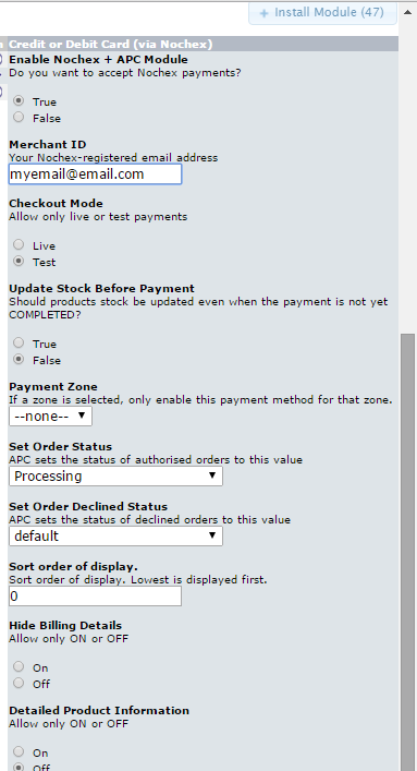 Nochex module settings