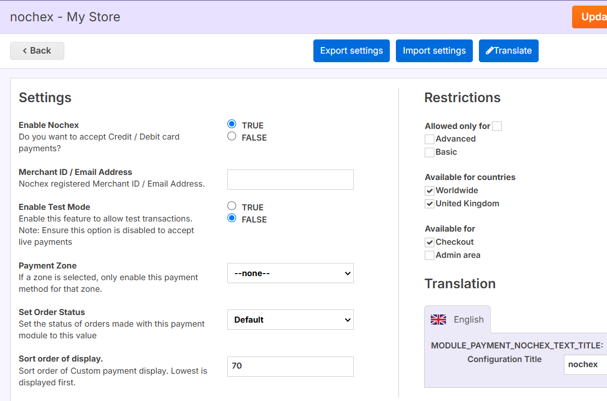 Nochex module settings